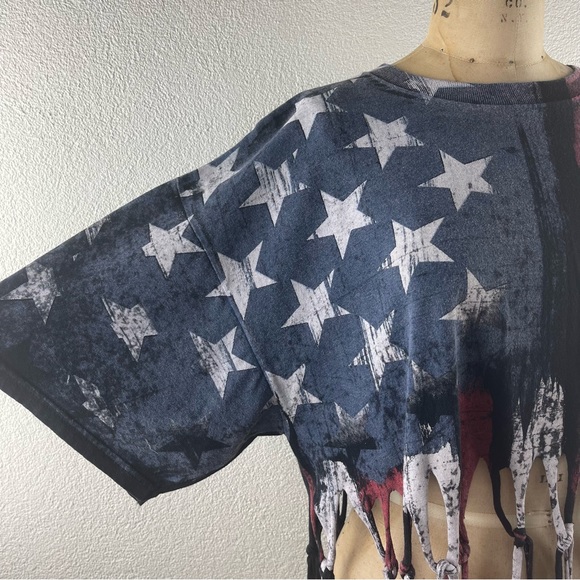 ODM l XL Black Flag Stars Stripes Knotted Fringe Festival Boho Crop Top T-Shirt - Picture 4 of 14